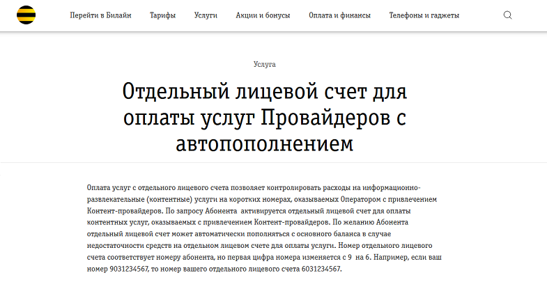 Услуга Билайн "Отдельный лицевой счет"
